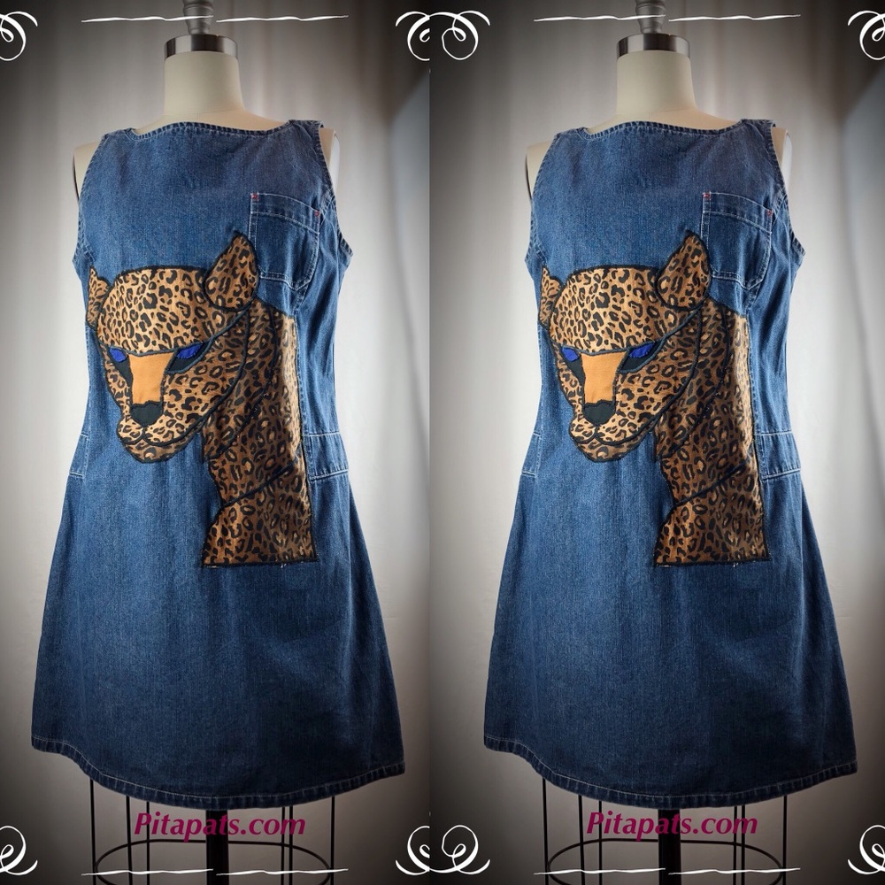 HandMade OOAK Leopard Appliqué Denim Jumper dress